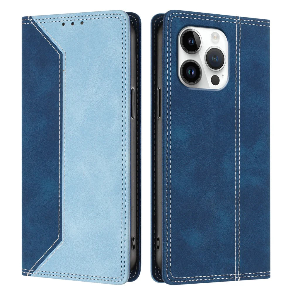 For iPhone 16 Pro Leather Case Skin Touch Color Splicing RFID Blocking Wallet Stand Phone Cover - Dark Blue / Blue - 1