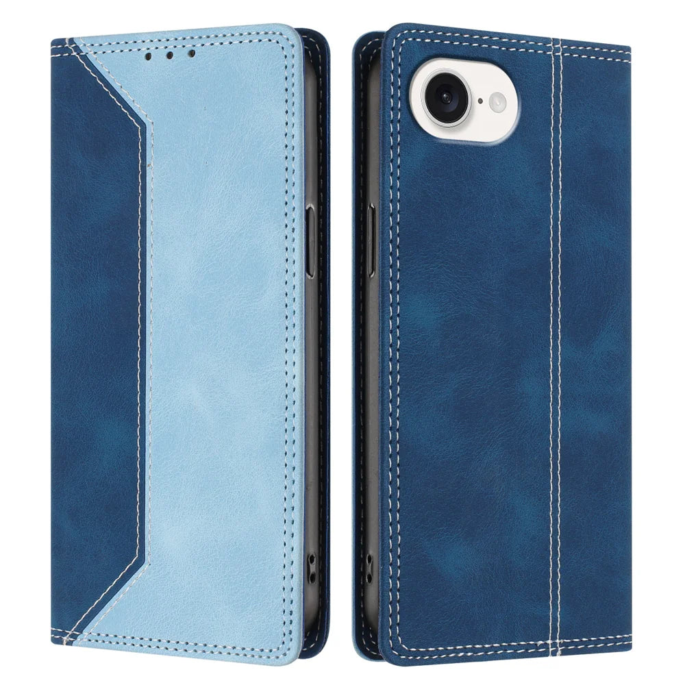 For iPhone 17e / 16e Leather Case Skin Touch Color Splicing RFID Blocking Wallet Stand Phone Cover - Dark Blue / Blue - 1
