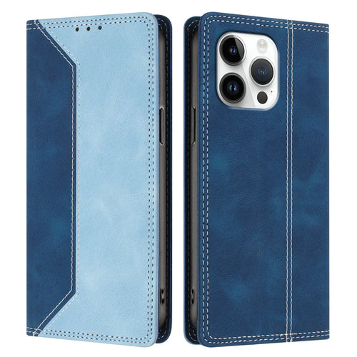 For iPhone 16 Pro Max Leather Case Skin Touch Color Splicing RFID Blocking Wallet Stand Phone Cover - Dark Blue / Blue - 1