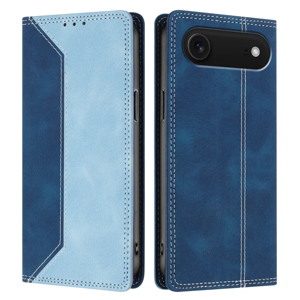 For iPhone Air Leather Case Skin Touch Color Splicing RFID Blocking Wallet Stand Phone Cover - Dark Blue / Blue - 1