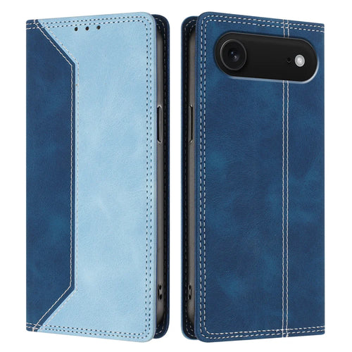 For iPhone Air Leather Case Skin Touch Color Splicing RFID Blocking Wallet Stand Phone Cover - Dark Blue / Blue - 1