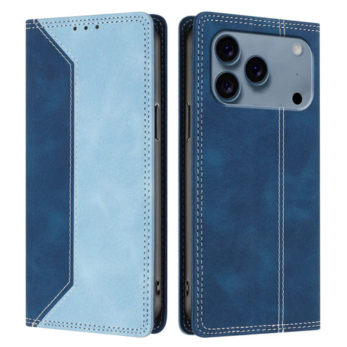 For iPhone 18 Pro Max / 17 Pro Max Leather Case Skin Touch Color Splicing RFID Blocking Wallet Stand Phone Cover - Dark Blue / Blue - 1