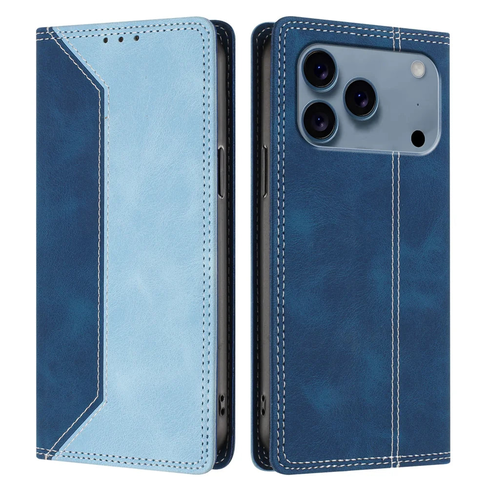 For iPhone 18 Pro Max / 17 Pro Max Leather Case Skin Touch Color Splicing RFID Blocking Wallet Stand Phone Cover - Dark Blue / Blue - 1