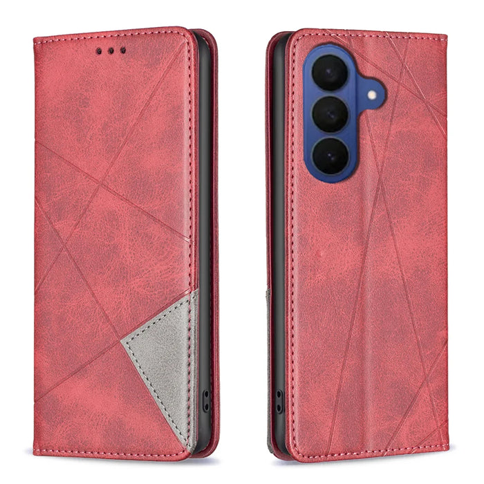 For Samsung Galaxy S26+ Case Card Slots Geometry Imprint Leather Phone Cover - Red - 1