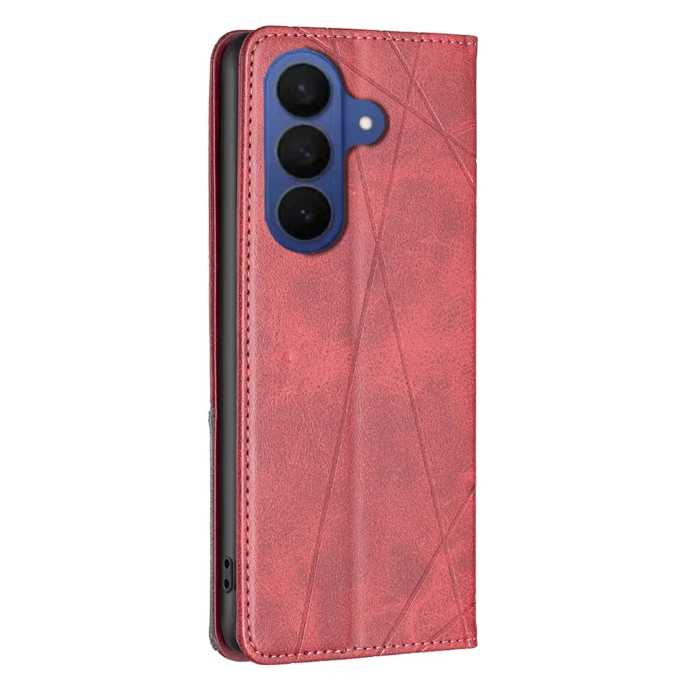 For Samsung Galaxy A37 5G Case Card Slots Geometry Imprint Leather Phone Cover - Red - 3