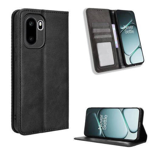 For OnePlus Ace 6 5G / 6T 5G / 15R 5G Leather Case Wallet Stand Retro Texture Phone Cover - Black - 1