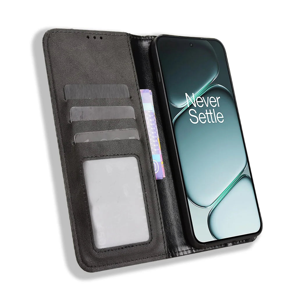 For OnePlus Ace 6 5G / 6T 5G / 15R 5G Leather Case Wallet Stand Retro Texture Phone Cover - Black - 6