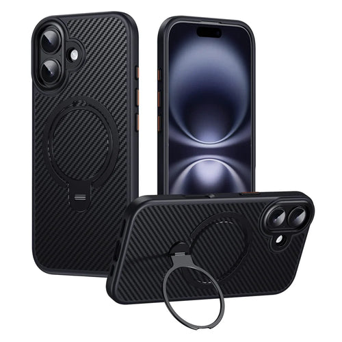 For iPhone 17 Case Compatible with MagSafe PC + TPU Phone Cover Ring Holder Carbon Fiber Texture - Black - 1