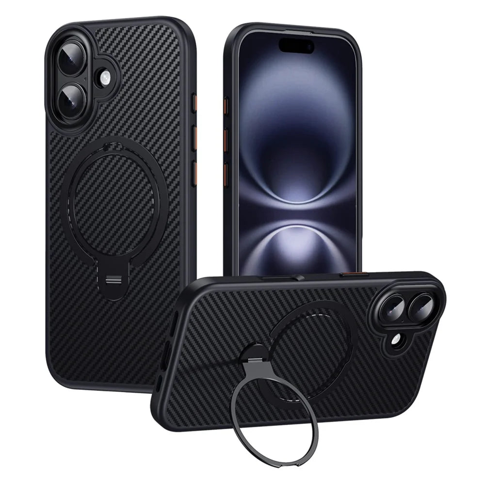For iPhone 17 Case Compatible with MagSafe PC + TPU Phone Cover Ring Holder Carbon Fiber Texture - Black - 1