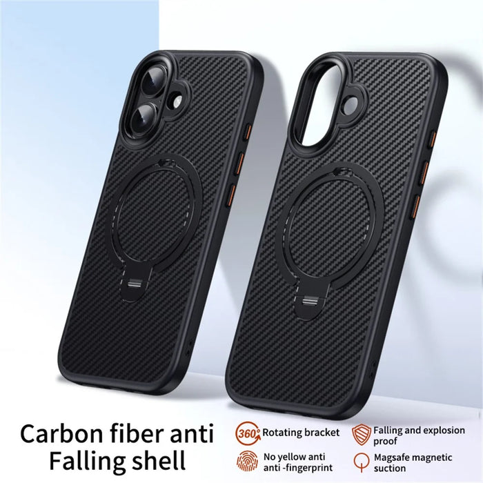 For iPhone 17 Case Compatible with MagSafe PC + TPU Phone Cover Ring Holder Carbon Fiber Texture - Black - 2