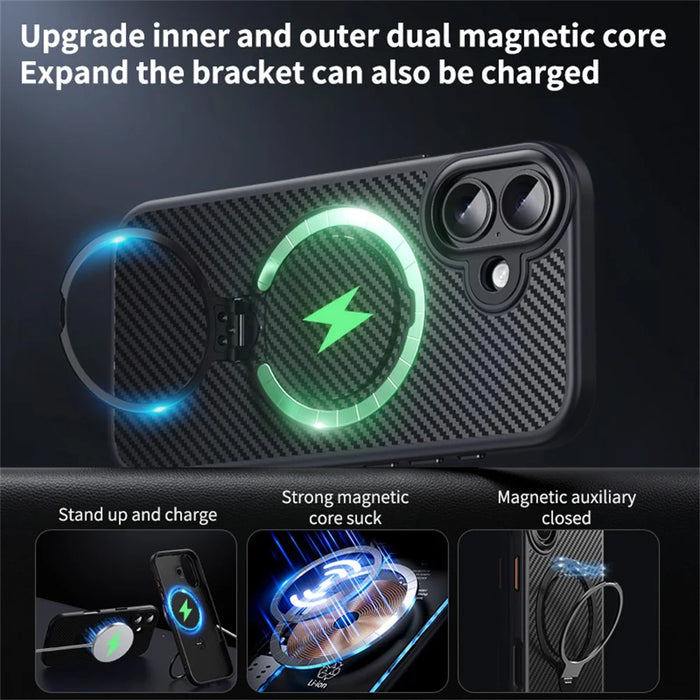 For iPhone 17 Case Compatible with MagSafe PC + TPU Phone Cover Ring Holder Carbon Fiber Texture - Black - 3
