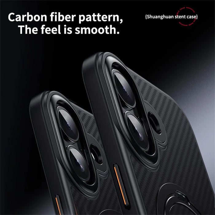 For iPhone 17 Case Compatible with MagSafe PC + TPU Phone Cover Ring Holder Carbon Fiber Texture - Black - 6
