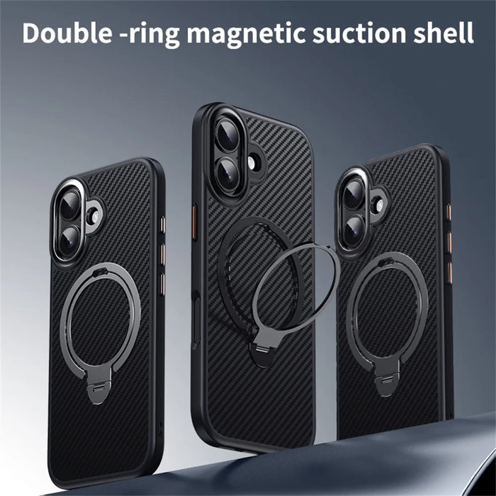 For iPhone 17 Case Compatible with MagSafe PC + TPU Phone Cover Ring Holder Carbon Fiber Texture - Black - 7