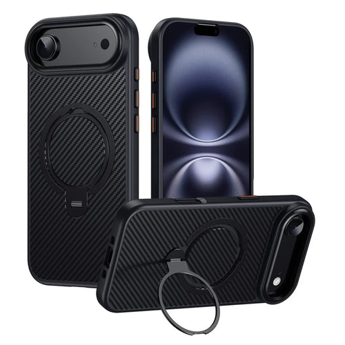 For iPhone Air Case Compatible with MagSafe PC + TPU Phone Cover Ring Holder Carbon Fiber Texture - Black - 1