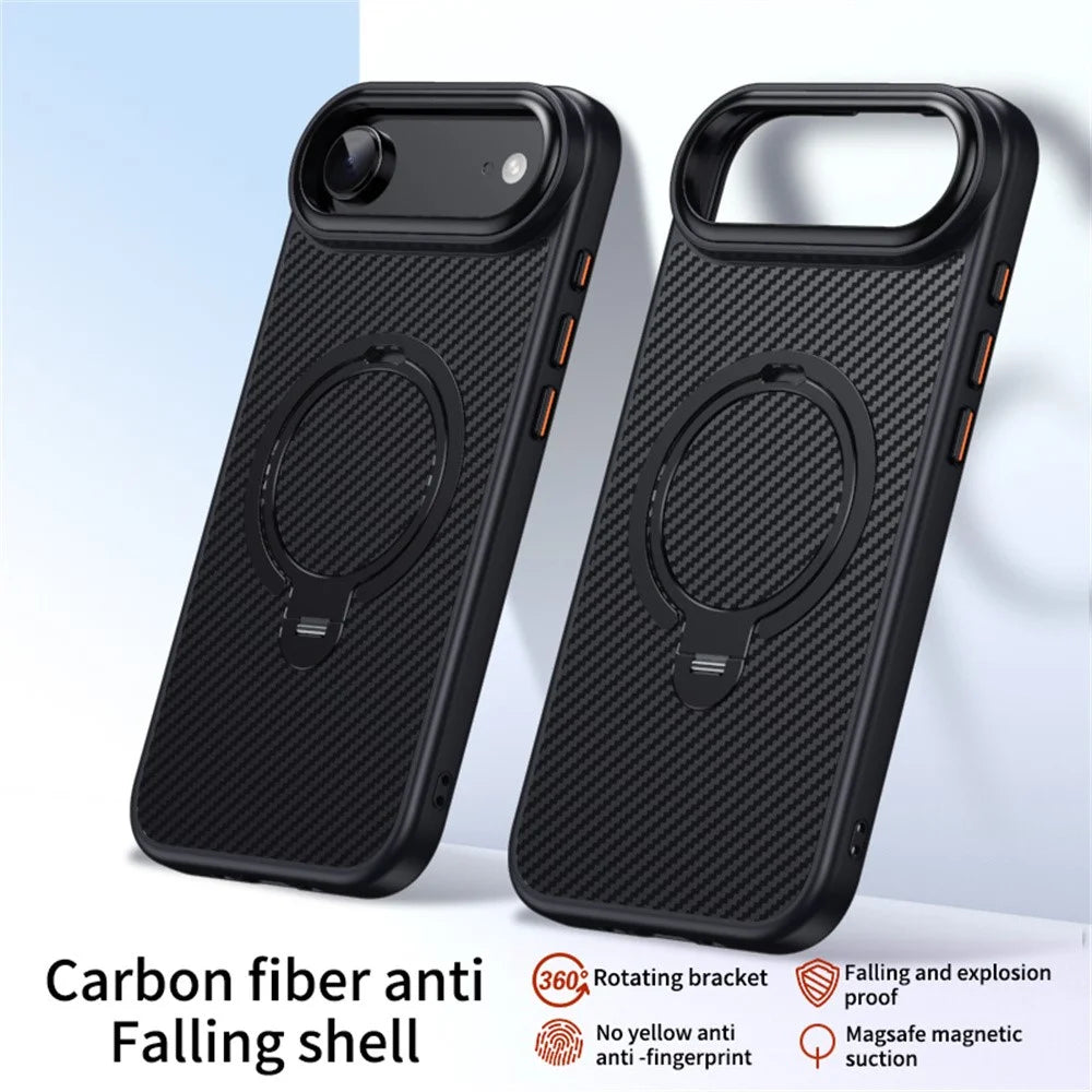 For iPhone Air Case Compatible with MagSafe PC + TPU Phone Cover Ring Holder Carbon Fiber Texture - Black - 2
