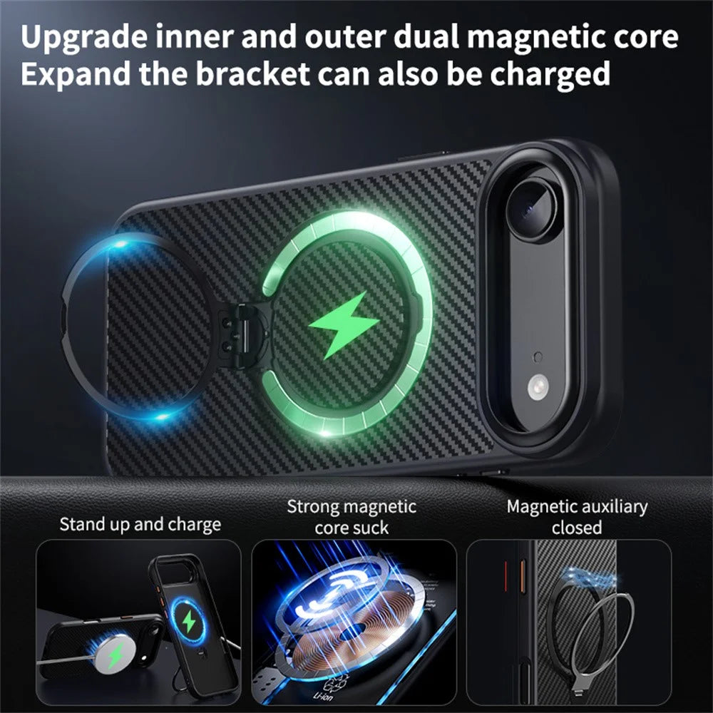 For iPhone Air Case Compatible with MagSafe PC + TPU Phone Cover Ring Holder Carbon Fiber Texture - Black - 4