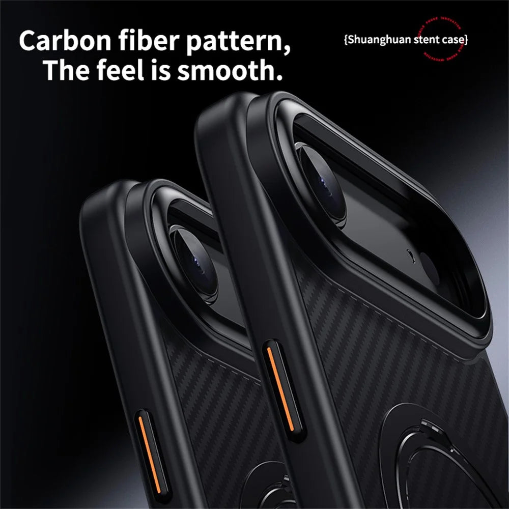 For iPhone Air Case Compatible with MagSafe PC + TPU Phone Cover Ring Holder Carbon Fiber Texture - Black - 7