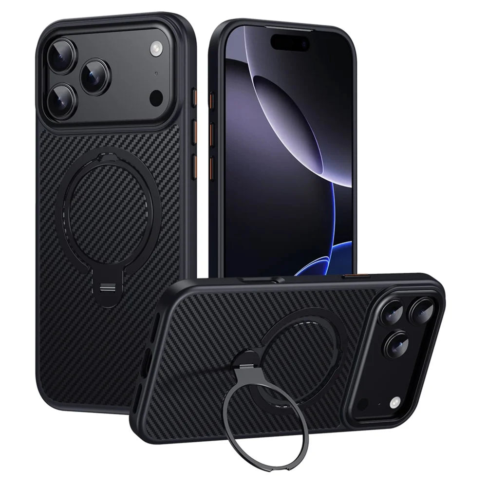 For iPhone 17 Pro Case Compatible with MagSafe PC + TPU Phone Cover Ring Holder Carbon Fiber Texture - Black - 1