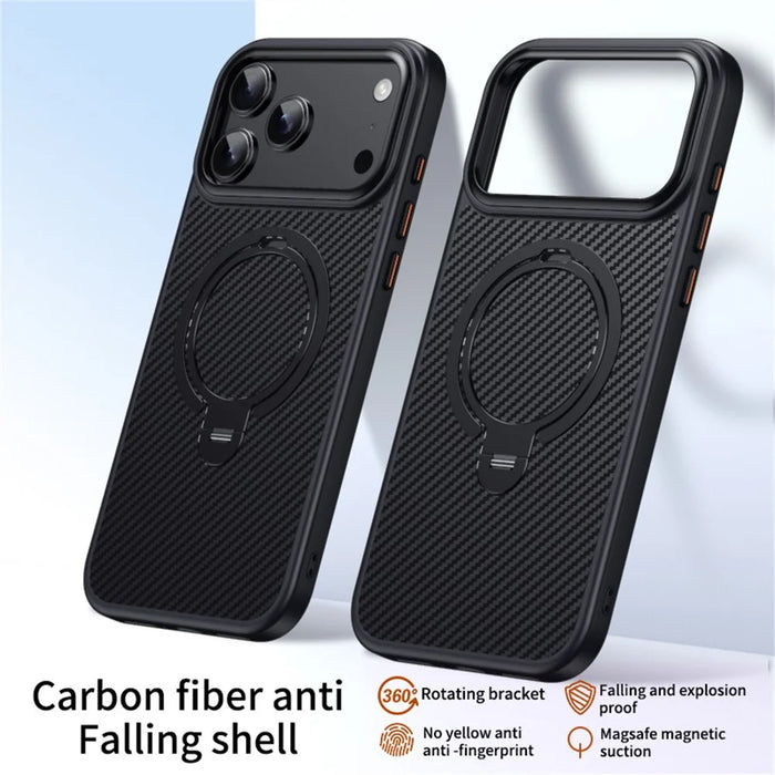 For iPhone 17 Pro Case Compatible with MagSafe PC + TPU Phone Cover Ring Holder Carbon Fiber Texture - Black - 2