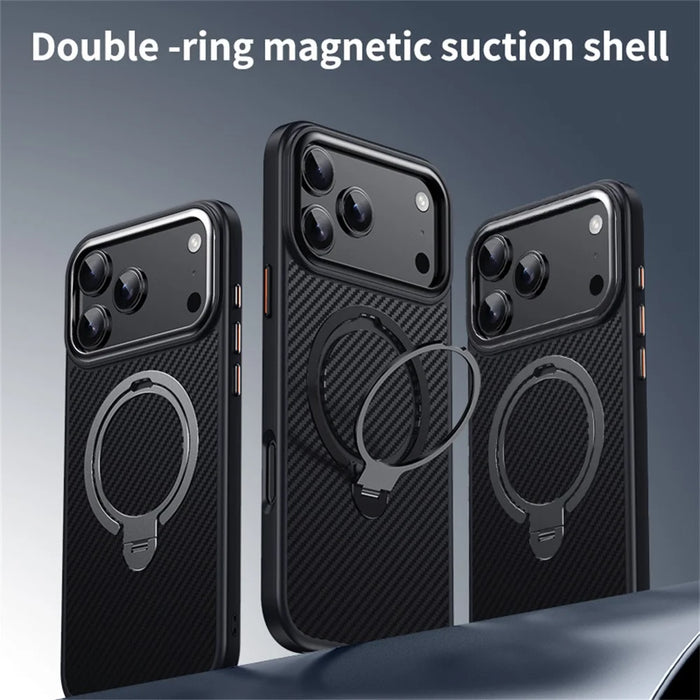 For iPhone 17 Pro Case Compatible with MagSafe PC + TPU Phone Cover Ring Holder Carbon Fiber Texture - Black - 3