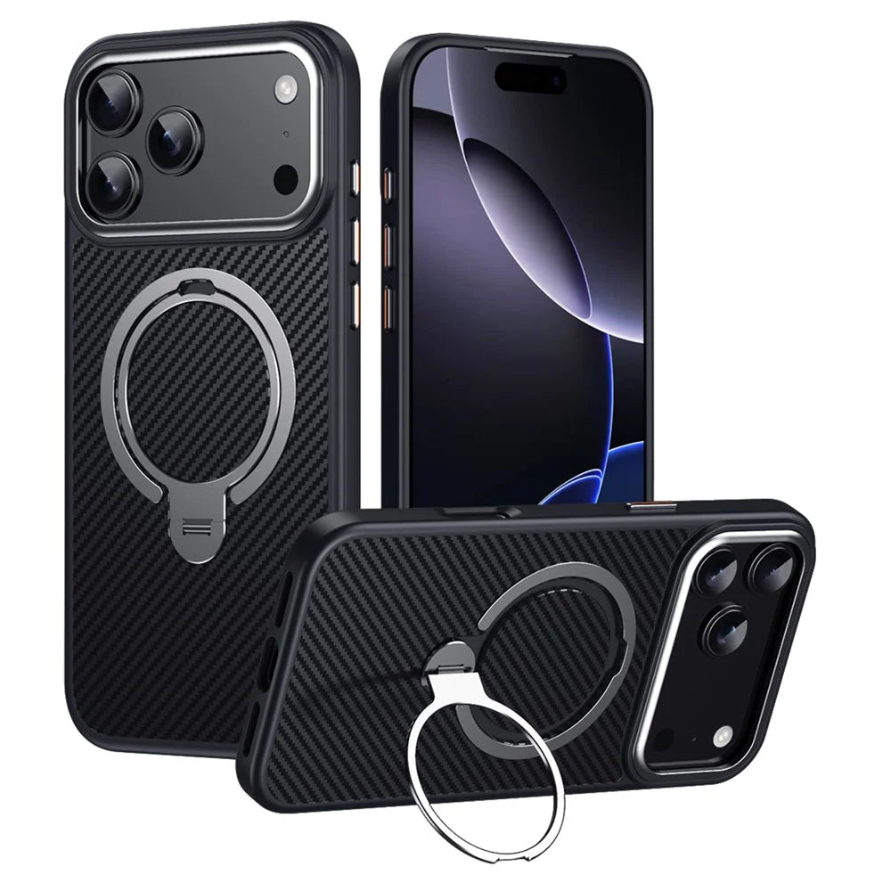 For iPhone 17 Pro Max Case Compatible with MagSafe PC + TPU Phone Cover Ring Holder Carbon Fiber Texture - Silver - 1