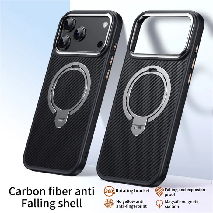 For iPhone 17 Pro Max Case Compatible with MagSafe PC + TPU Phone Cover Ring Holder Carbon Fiber Texture - Silver - 2