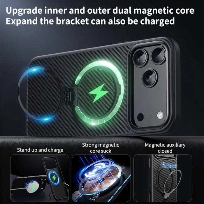 For iPhone 17 Pro Max Case Compatible with MagSafe PC + TPU Phone Cover Ring Holder Carbon Fiber Texture - Silver - 4