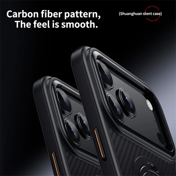 For iPhone 17 Pro Max Case Compatible with MagSafe PC + TPU Phone Cover Ring Holder Carbon Fiber Texture - Silver - 7