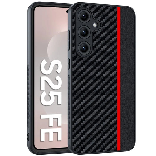 For Samsung Galaxy S25 FE Case Leather + PC Hard Phone Cover Carbon Fiber Texture - Black  /  Red - 1
