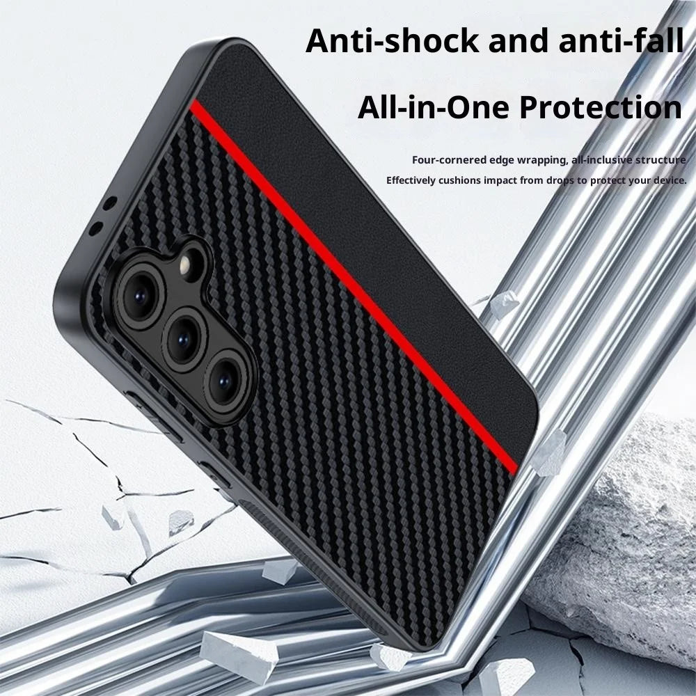 For Samsung Galaxy S25 FE Case Leather + PC Hard Phone Cover Carbon Fiber Texture - Black  /  Red - 2