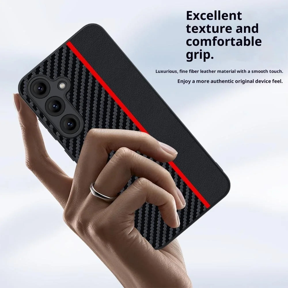 For Samsung Galaxy S25 FE Case Leather + PC Hard Phone Cover Carbon Fiber Texture - Black  /  Red - 3