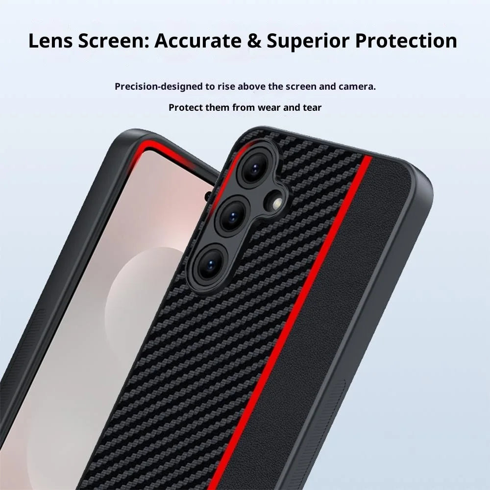 For Samsung Galaxy S25 FE Case Leather + PC Hard Phone Cover Carbon Fiber Texture - Black  /  Red - 4