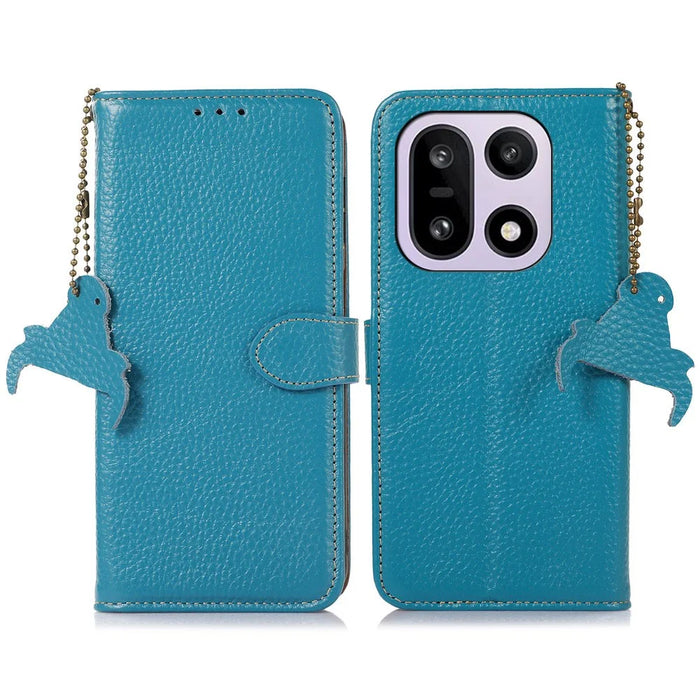 For OnePlus 15 5G Case RFID Blocking Genuine Cow Leather Phone Cover Litchi Texture - Blue - 1