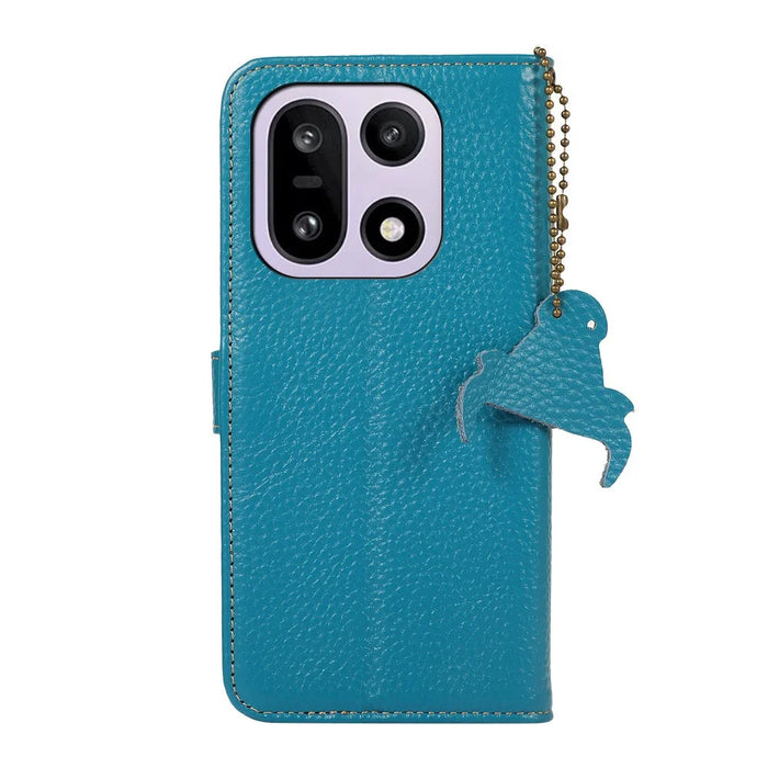 For OnePlus 15 5G Case RFID Blocking Genuine Cow Leather Phone Cover Litchi Texture - Blue - 7