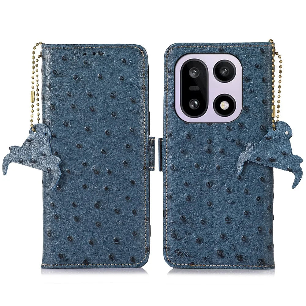 For OnePlus 15 5G Case RFID Blocking Genuine Cow Leather Phone Case Ostrich Texture - Blue - 1