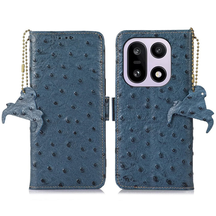 For OnePlus 15 5G Case RFID Blocking Genuine Cow Leather Phone Case Ostrich Texture - Blue - 1
