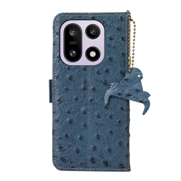 For OnePlus 15 5G Case RFID Blocking Genuine Cow Leather Phone Case Ostrich Texture - Blue - 7