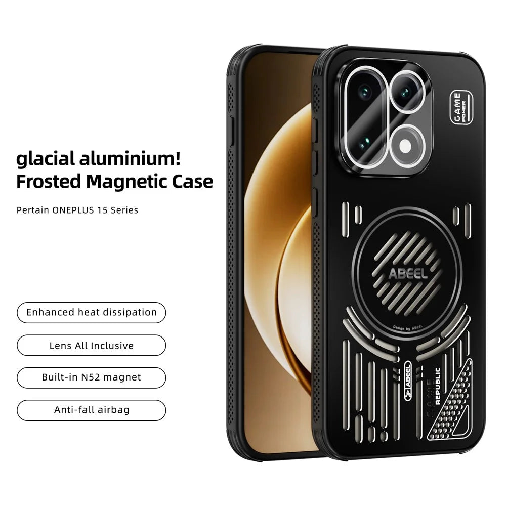 ABEEL For OnePlus 15 5G Magnetic Case Aluminium Alloy + PC + TPU Hollow Heat Dissipation Phone Cover - Black - 2
