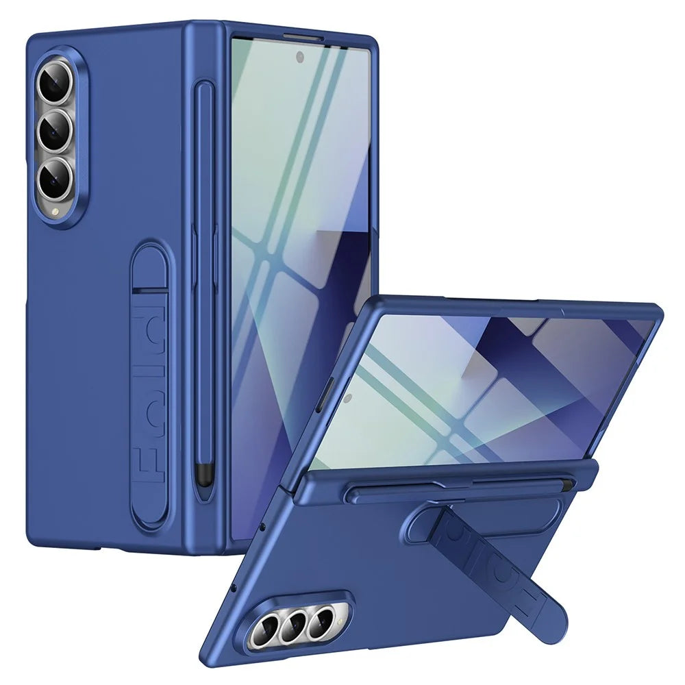 For Samsung Galaxy Z Fold4 5G Case Kickstand Hard PC Phone Cover with Tempered Glass Film / Stylus / Pen Slot - Sapphire - 1
