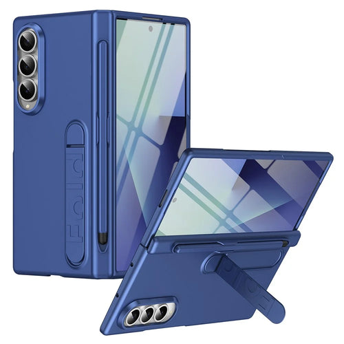 For Samsung Galaxy Z Fold4 5G Case Kickstand Hard PC Phone Cover with Tempered Glass Film / Stylus / Pen Slot - Sapphire - 1