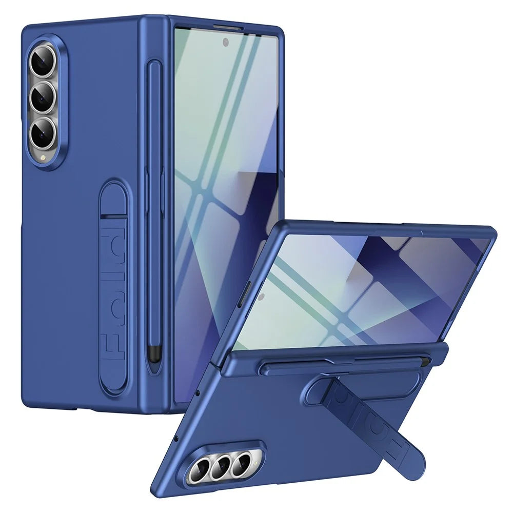 For Samsung Galaxy Z Fold3 5G Case Kickstand Hard PC Phone Cover with Tempered Glass Film / Stylus / Pen Slot - Sapphire - 1