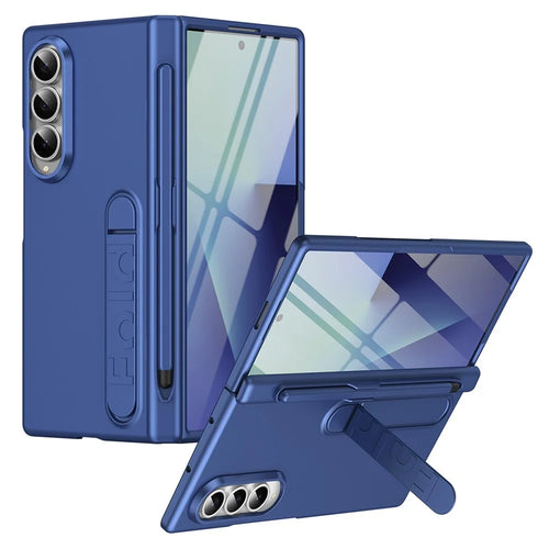For Samsung Galaxy Z Fold3 5G Case Kickstand Hard PC Phone Cover with Tempered Glass Film / Stylus / Pen Slot - Sapphire - 1