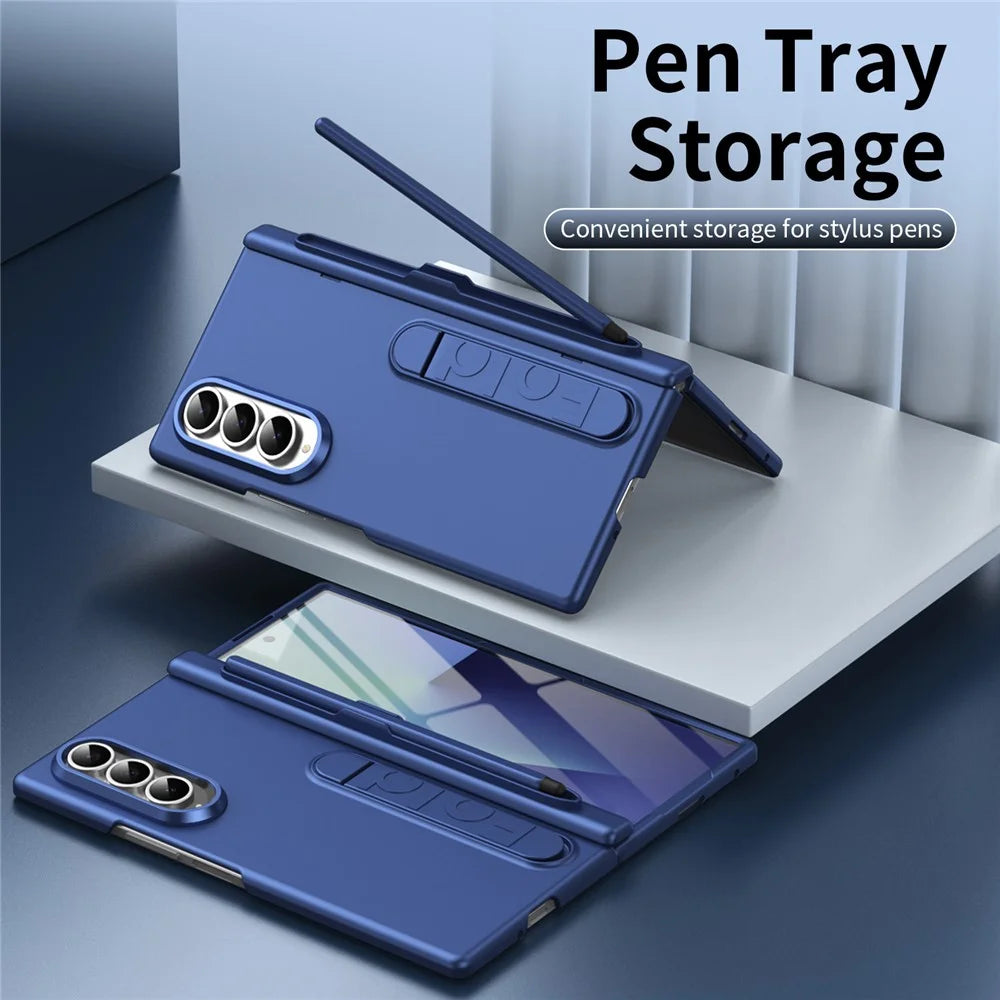 For Samsung Galaxy Z Fold3 5G Case Kickstand Hard PC Phone Cover with Tempered Glass Film / Stylus / Pen Slot - Sapphire - 7