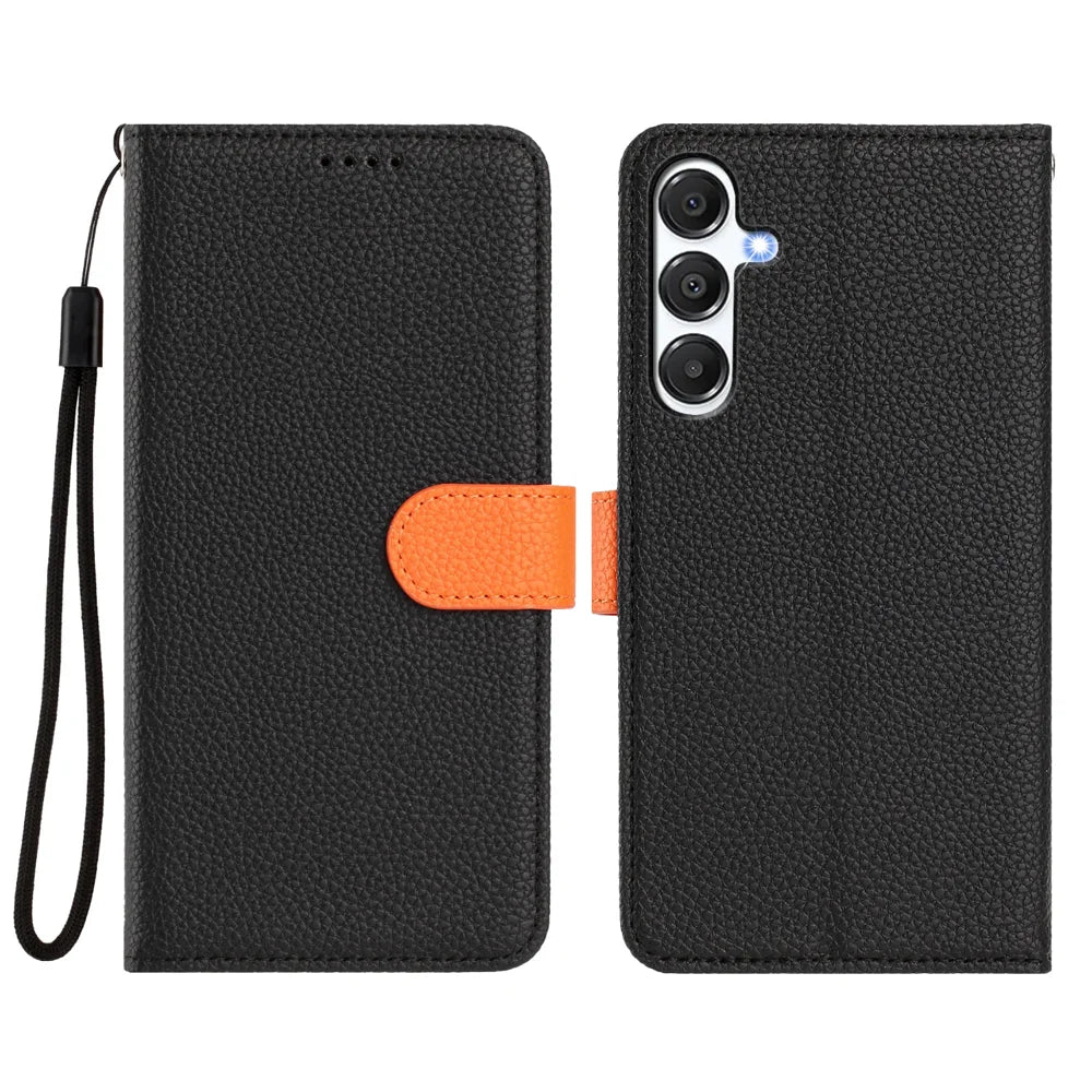 For Samsung Galaxy A55 5G Leather Magnetic Case Detachable Wallet Phone Cover with Hand Strap - Black / Orange - 2