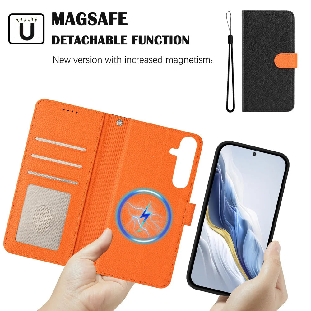 For Samsung Galaxy A55 5G Leather Magnetic Case Detachable Wallet Phone Cover with Hand Strap - Black / Orange - 4