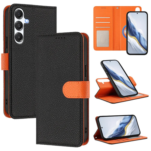For Samsung Galaxy A26 5G Leather Magnetic Case Detachable Wallet Phone Cover with Hand Strap - Black / Orange - 1