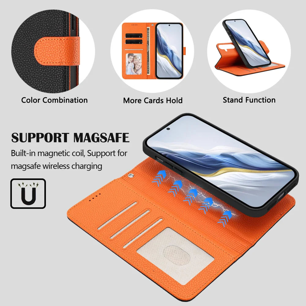 For Samsung Galaxy A35 5G Leather Magnetic Case Detachable Wallet Phone Cover with Hand Strap - Black / Orange - 5