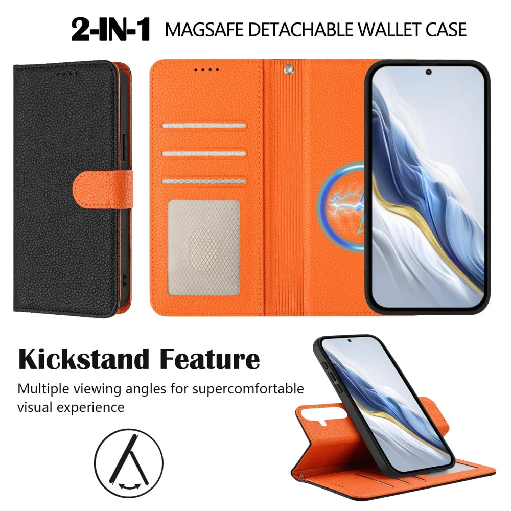 For Samsung Galaxy A16 4G / Galaxy A16 5G Leather Magnetic Case Detachable Wallet Phone Cover with Hand Strap - Black / Orange - 3