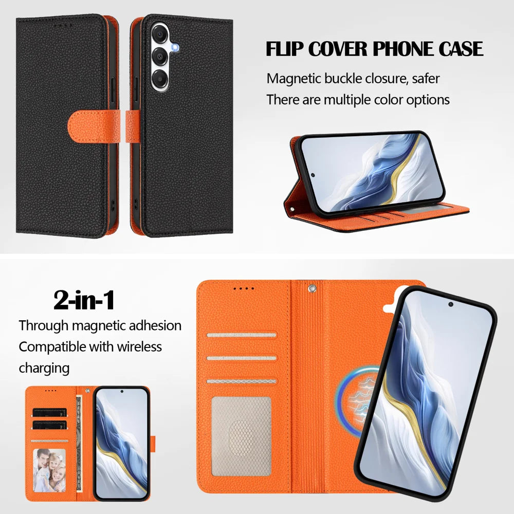 For Samsung Galaxy A16 4G / Galaxy A16 5G Leather Magnetic Case Detachable Wallet Phone Cover with Hand Strap - Black / Orange - 6