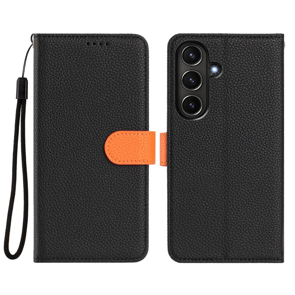 For Samsung Galaxy A37 5G / A56 5G / A36 5G Leather Case Magnetic Case Detachable Wallet Phone Cover with Hand Strap - Black / Orange - 2